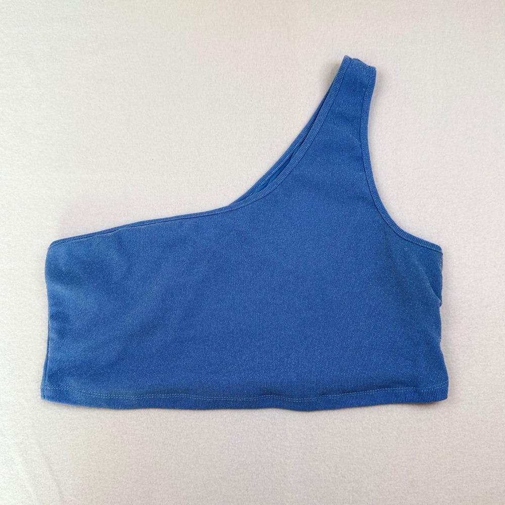 Shein Curve Blue Metallic One Shoulder Crop Top 1XL Asymmetrical Shimmer